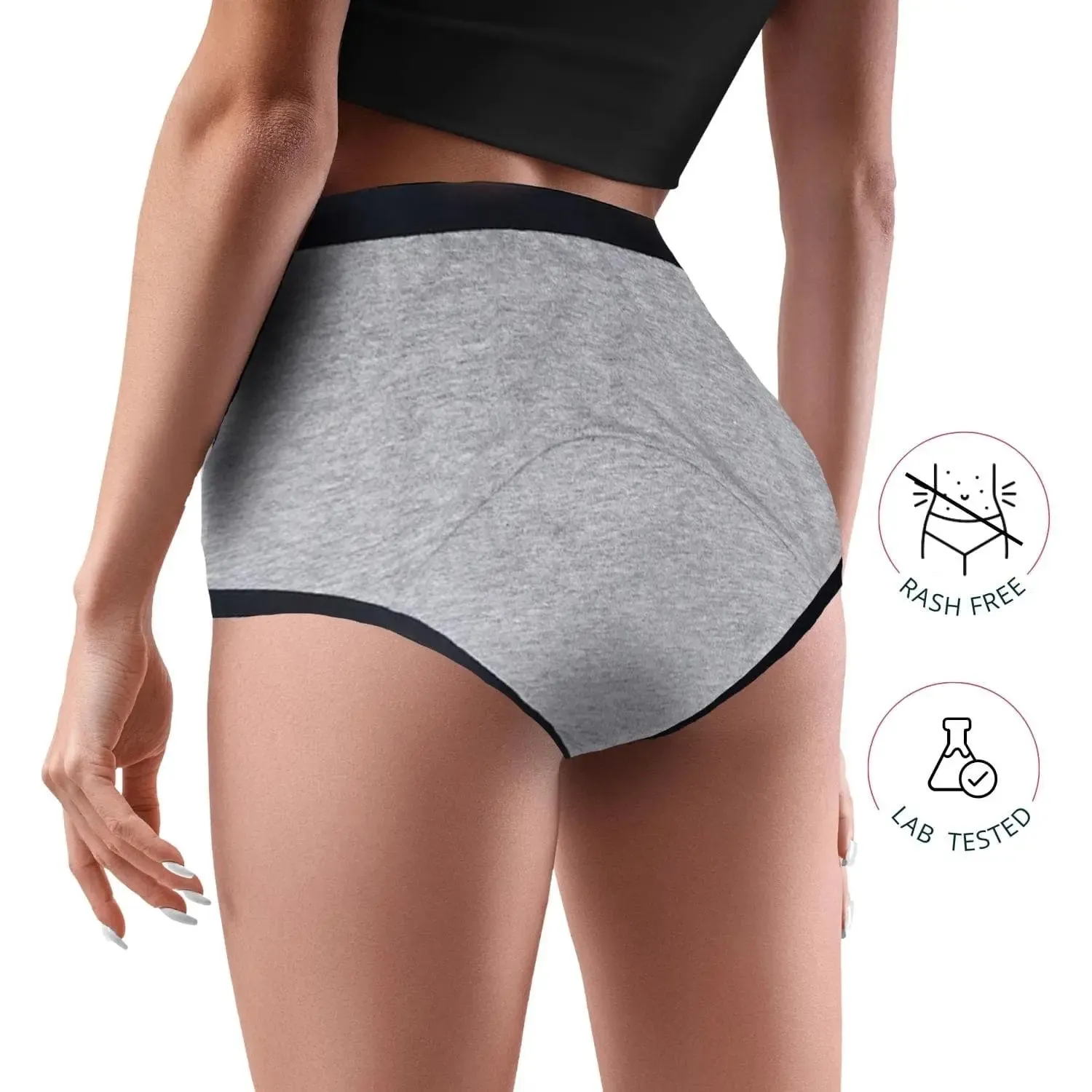 D'chica Eco-friendly, Anti-Microbial Lining, Period Panties No Pad Required, Black & Grey