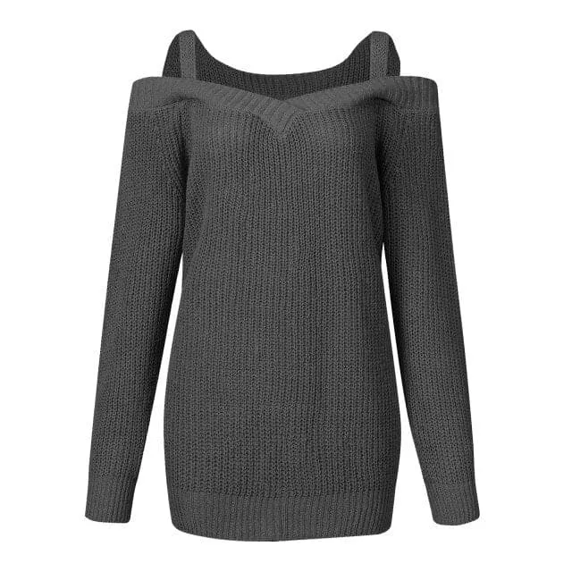 DressBetty - Womens Long Sleeve Cold Shoulder Sweaters Halter Neck Backless Loose Sweater Top Ropa Mujer Invierno