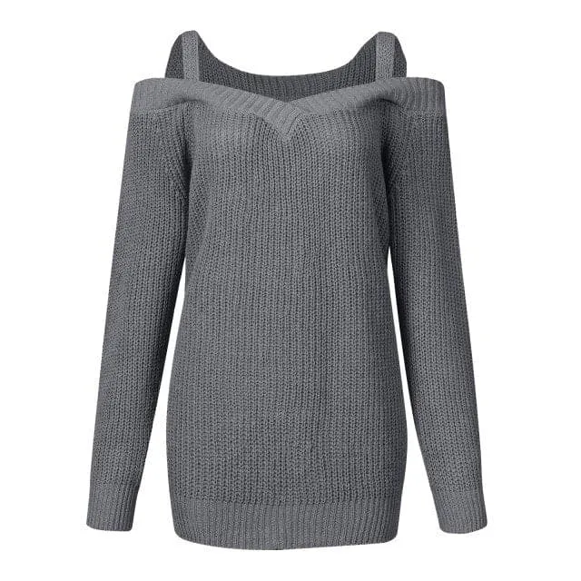 DressBetty - Womens Long Sleeve Cold Shoulder Sweaters Halter Neck Backless Loose Sweater Top Ropa Mujer Invierno