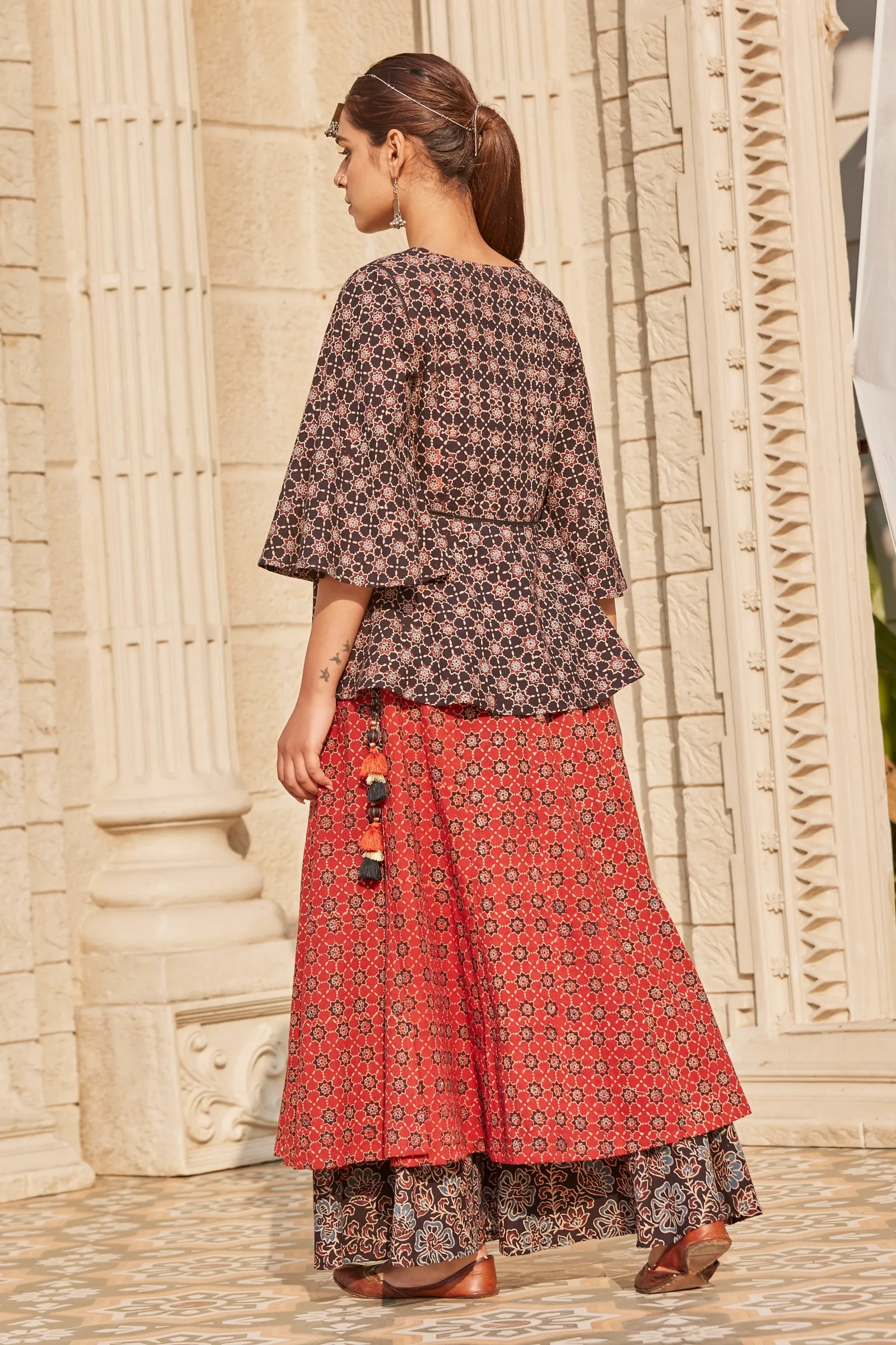 Dual Layered Ajrakh Print Flared Skirt