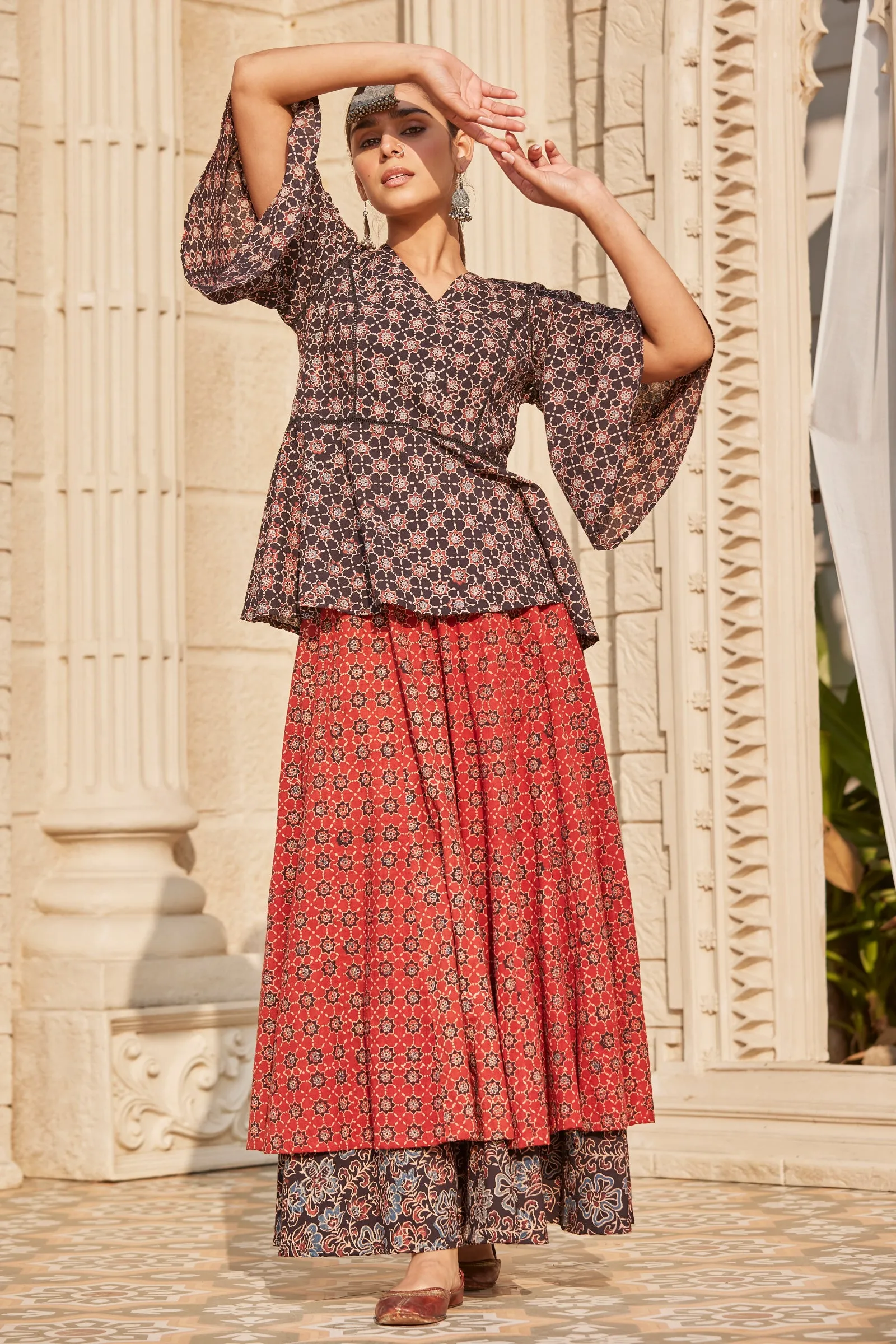 Dual Layered Ajrakh Print Flared Skirt