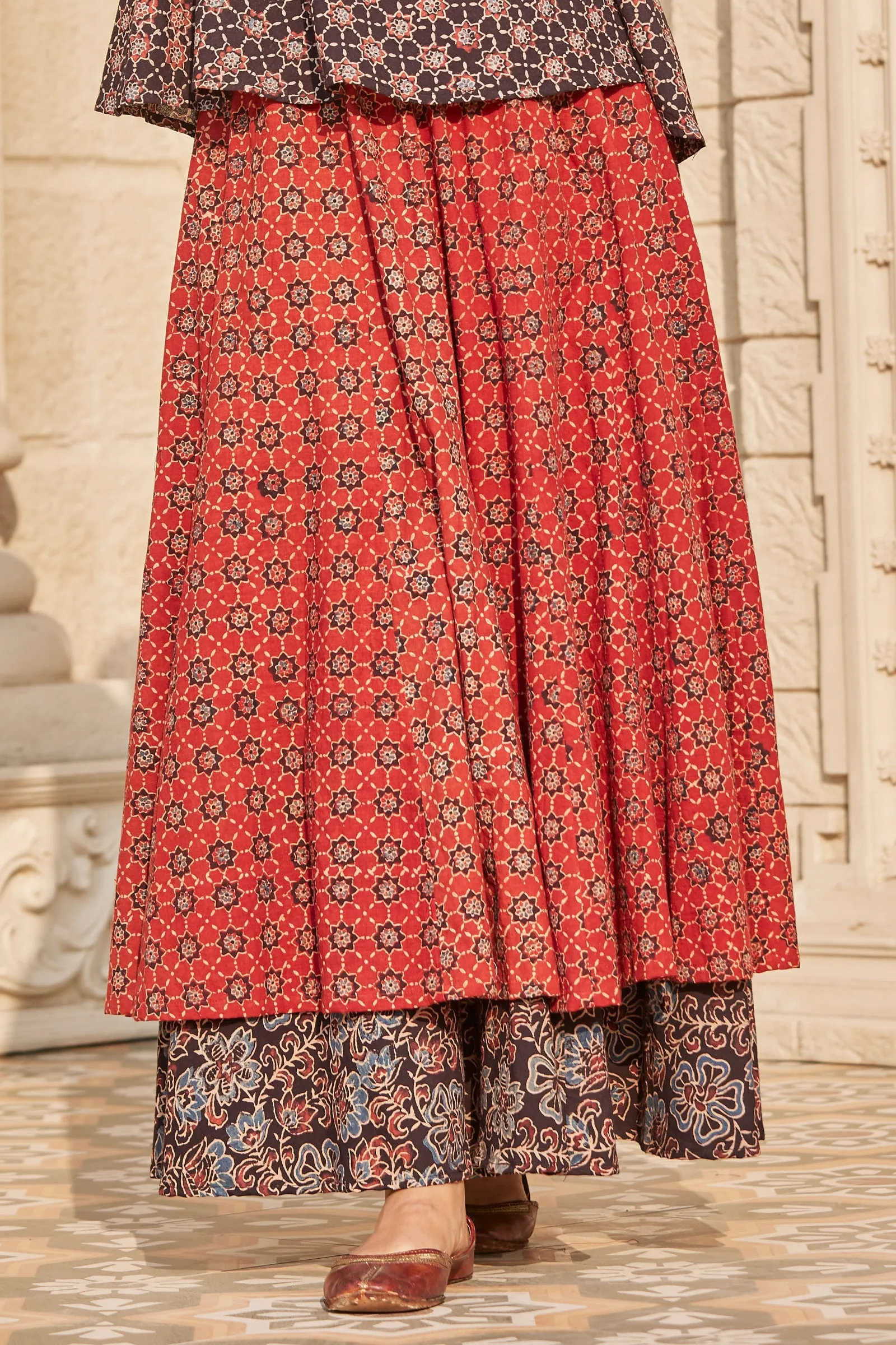 Dual Layered Ajrakh Print Flared Skirt