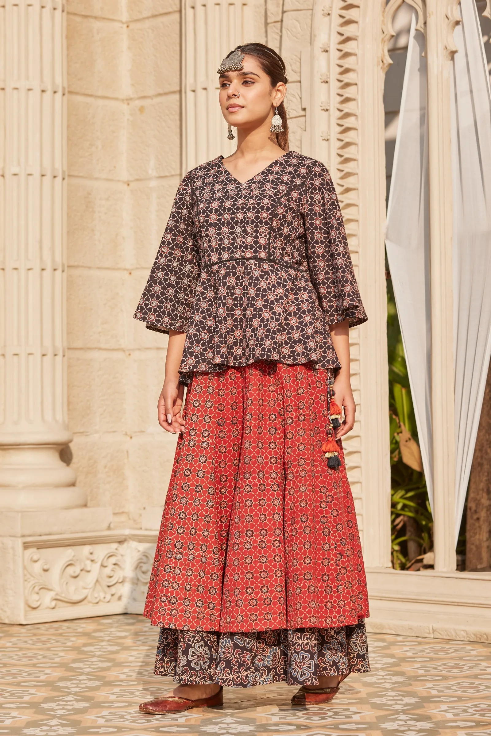 Dual Layered Ajrakh Print Flared Skirt