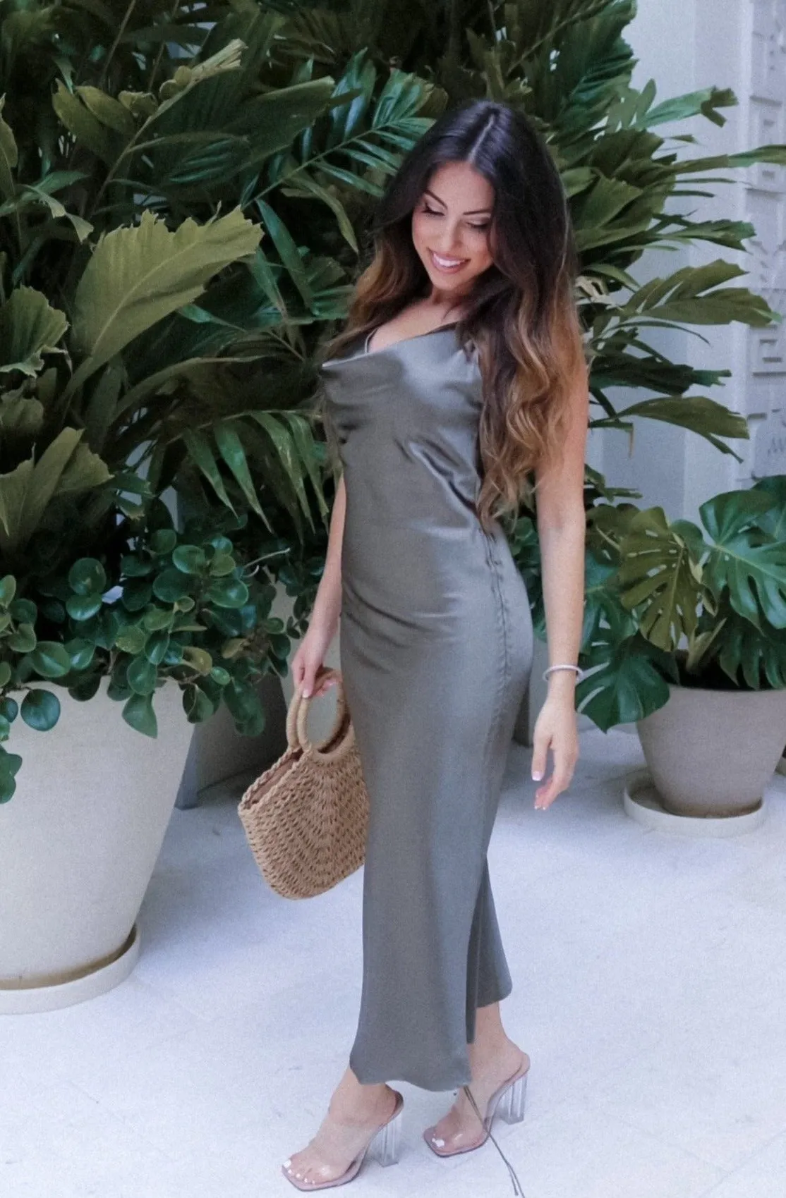 'Eden' Ruched Slip Dress in Olive