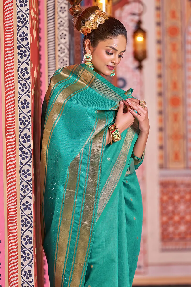 Engaging Rama Linen Cotton Silk Saree With Lagniappe Blouse Piece