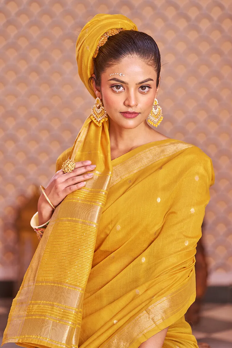 Fantabulous Yellow Linen Cotton Silk Saree With Luxuriant Blouse Piece
