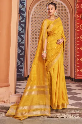 Fantabulous Yellow Linen Cotton Silk Saree With Luxuriant Blouse Piece