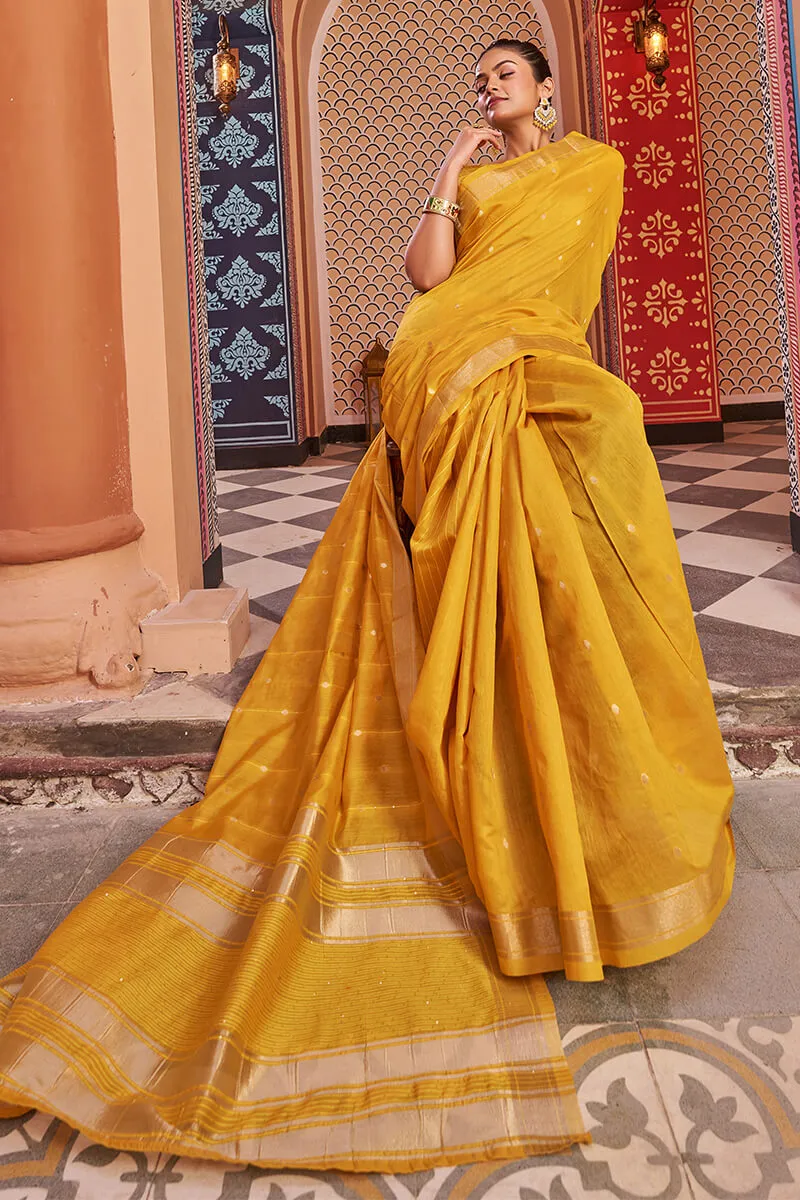 Fantabulous Yellow Linen Cotton Silk Saree With Luxuriant Blouse Piece