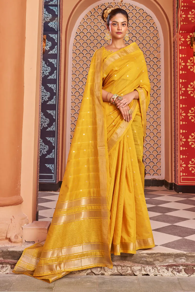Fantabulous Yellow Linen Cotton Silk Saree With Luxuriant Blouse Piece