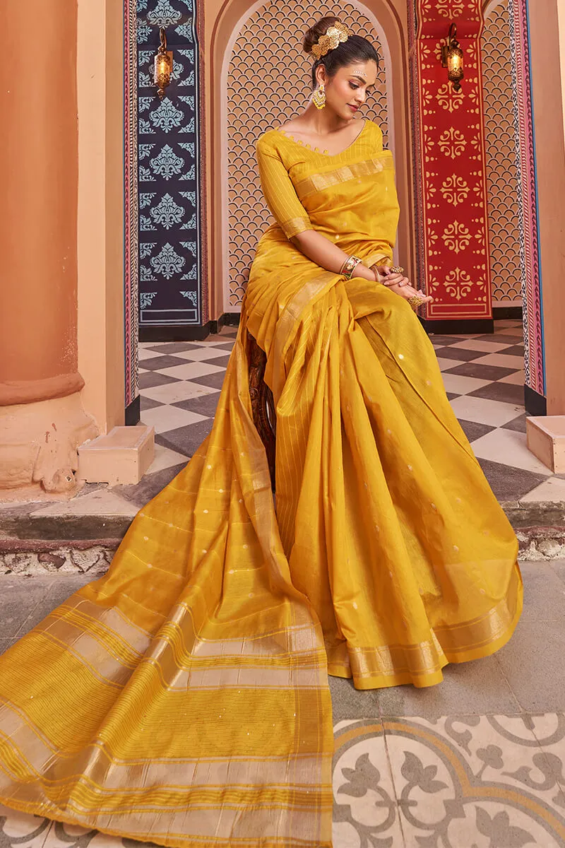 Fantabulous Yellow Linen Cotton Silk Saree With Luxuriant Blouse Piece
