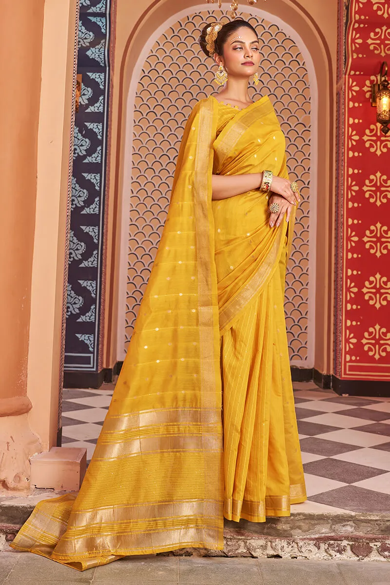 Fantabulous Yellow Linen Cotton Silk Saree With Luxuriant Blouse Piece