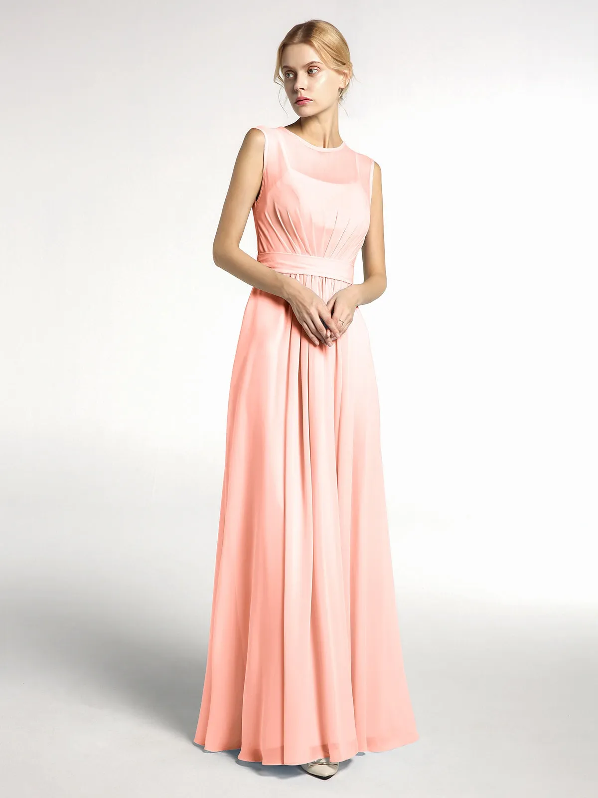 FAUX-Wrap Long Chiffon Gown with Belt Coral