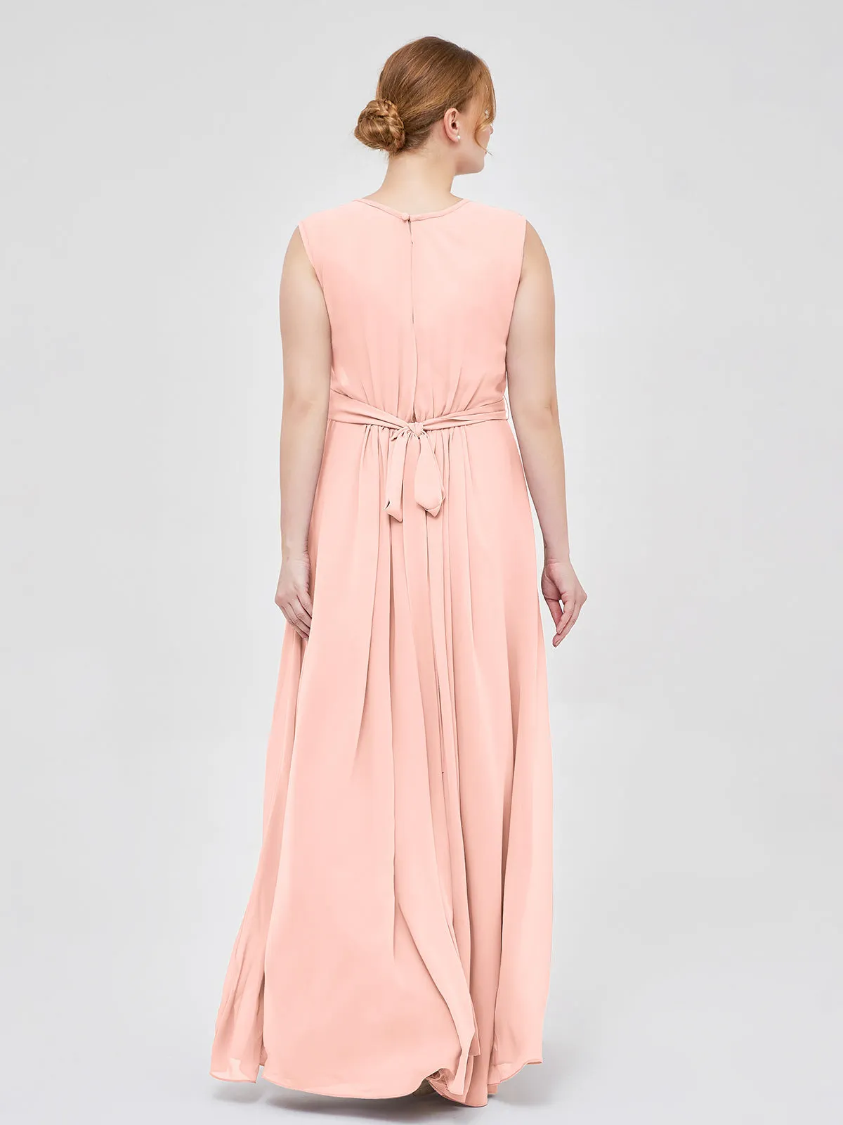 FAUX-Wrap Long Chiffon Gown with Belt Coral