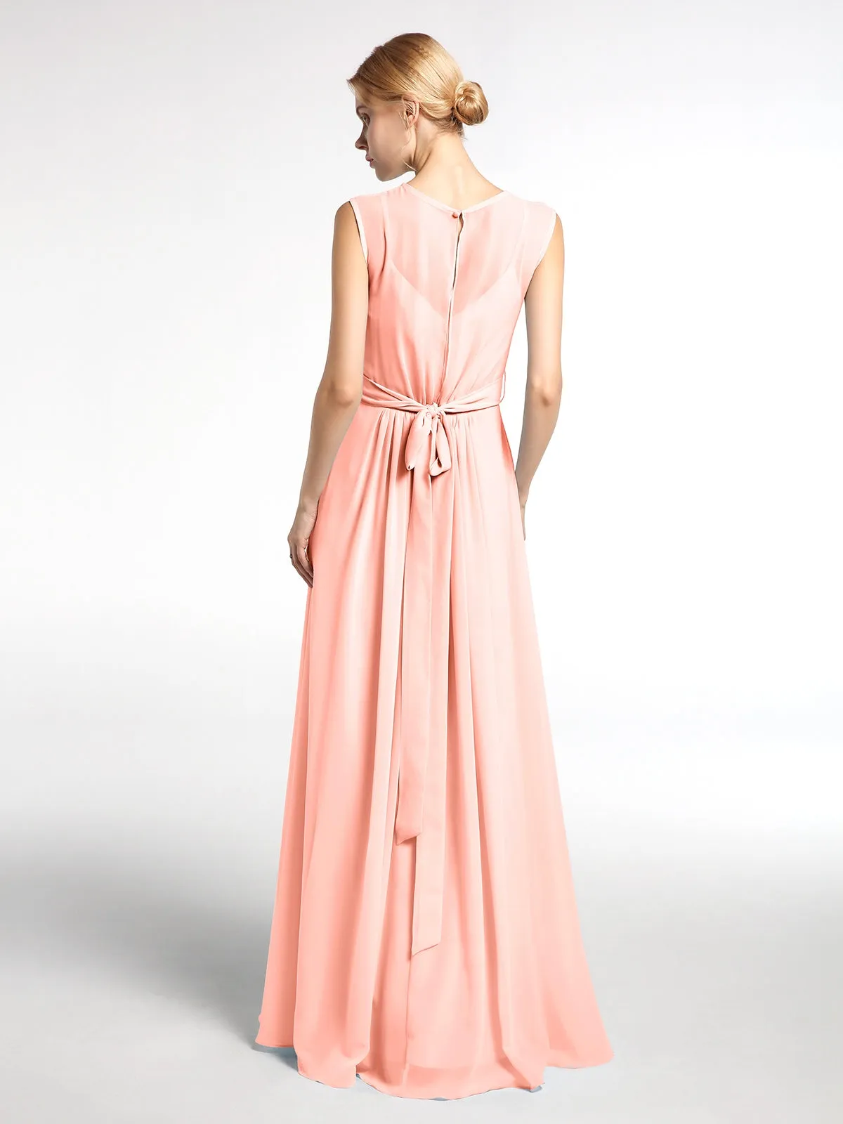 FAUX-Wrap Long Chiffon Gown with Belt Coral
