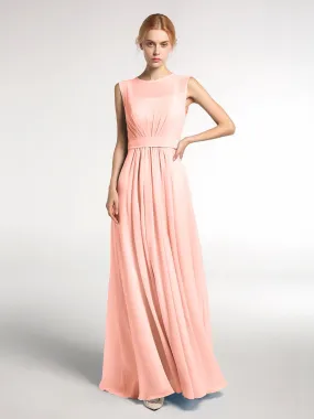 FAUX-Wrap Long Chiffon Gown with Belt Coral