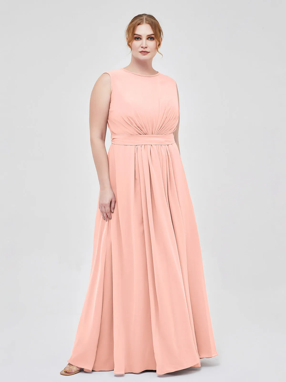 FAUX-Wrap Long Chiffon Gown with Belt Coral