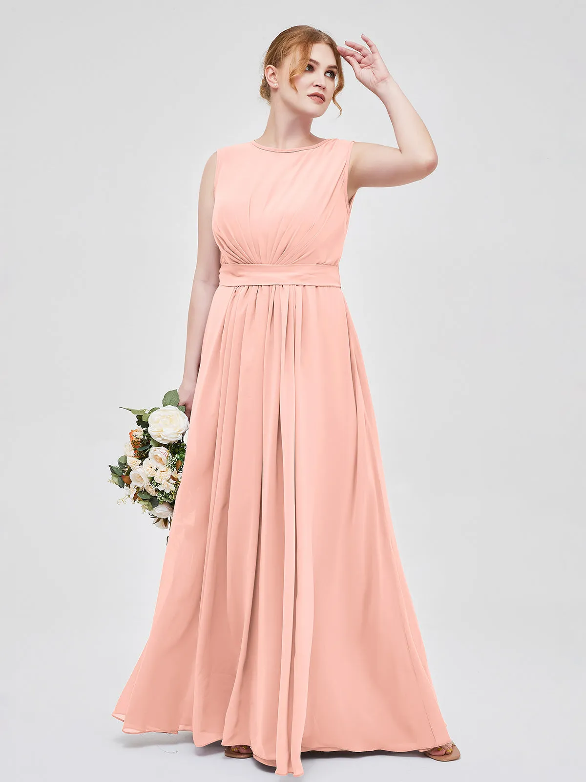 FAUX-Wrap Long Chiffon Gown with Belt Coral