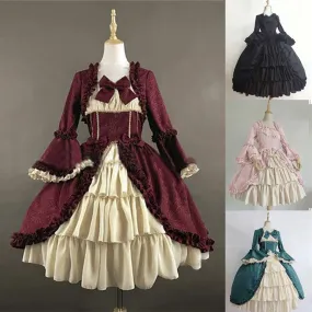 Female's Vintage Medieval Trumpet Sleeves Gothic Lace Up Dress | Renaissance Evening Gowns Bowknot Cosplay Dress
