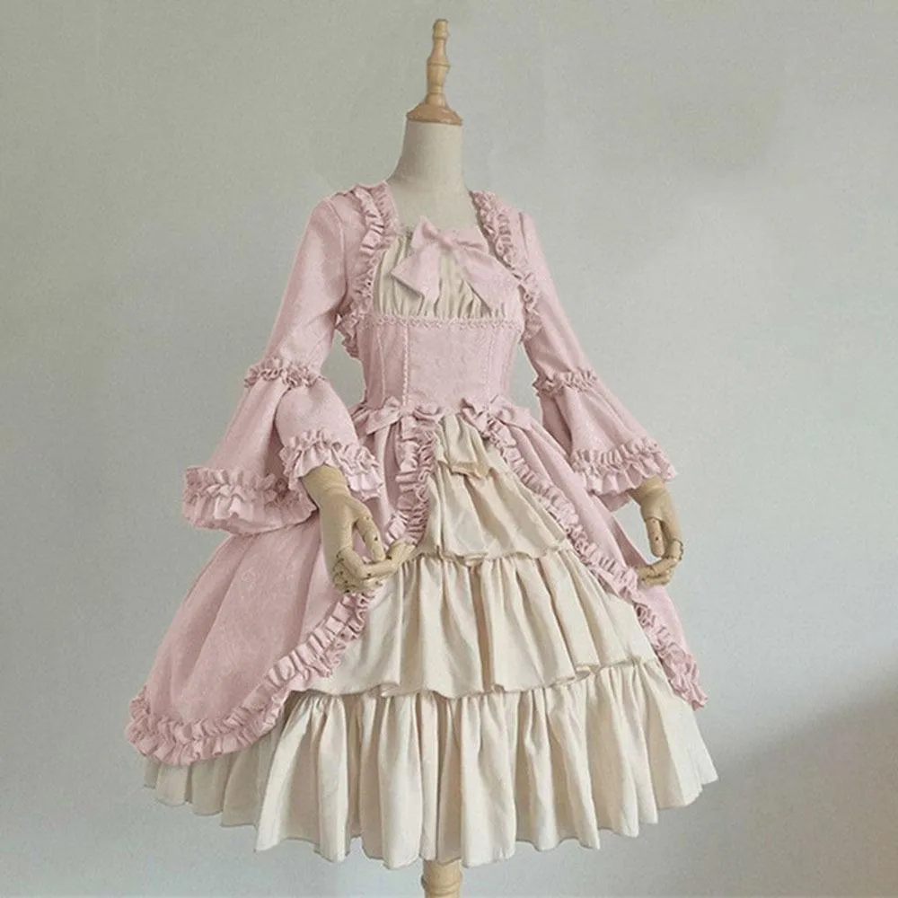 Female's Vintage Medieval Trumpet Sleeves Gothic Lace Up Dress | Renaissance Evening Gowns Bowknot Cosplay Dress
