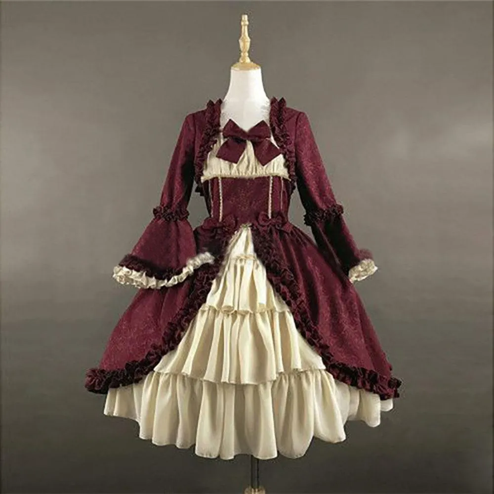 Female's Vintage Medieval Trumpet Sleeves Gothic Lace Up Dress | Renaissance Evening Gowns Bowknot Cosplay Dress