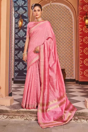 Forbearance Baby Pink Linen Cotton Silk Saree With Lassitude Blouse Piece