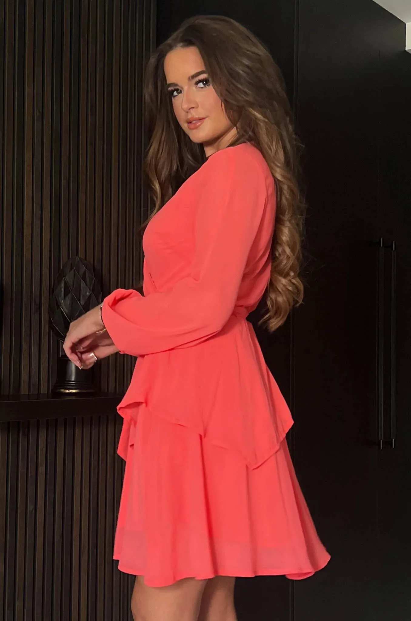 Girl In Mind Cindy Ruffle Detail Chiffon Mini Dress Coral