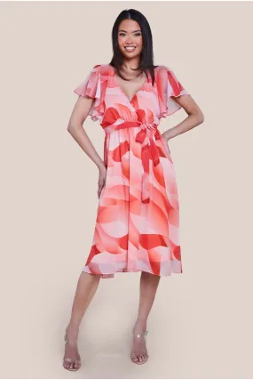 Goddiva Printed Flutter Sleeve Chiffon Midi Dress - Coral