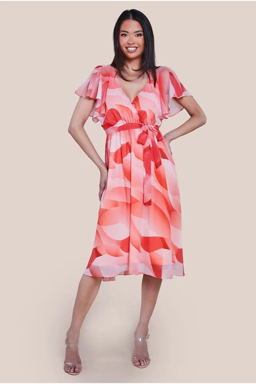 Goddiva Printed Flutter Sleeve Chiffon Midi Dress - Coral