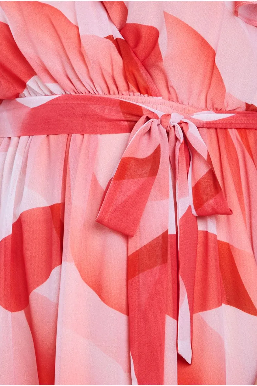Goddiva Printed Flutter Sleeve Chiffon Midi Dress - Coral