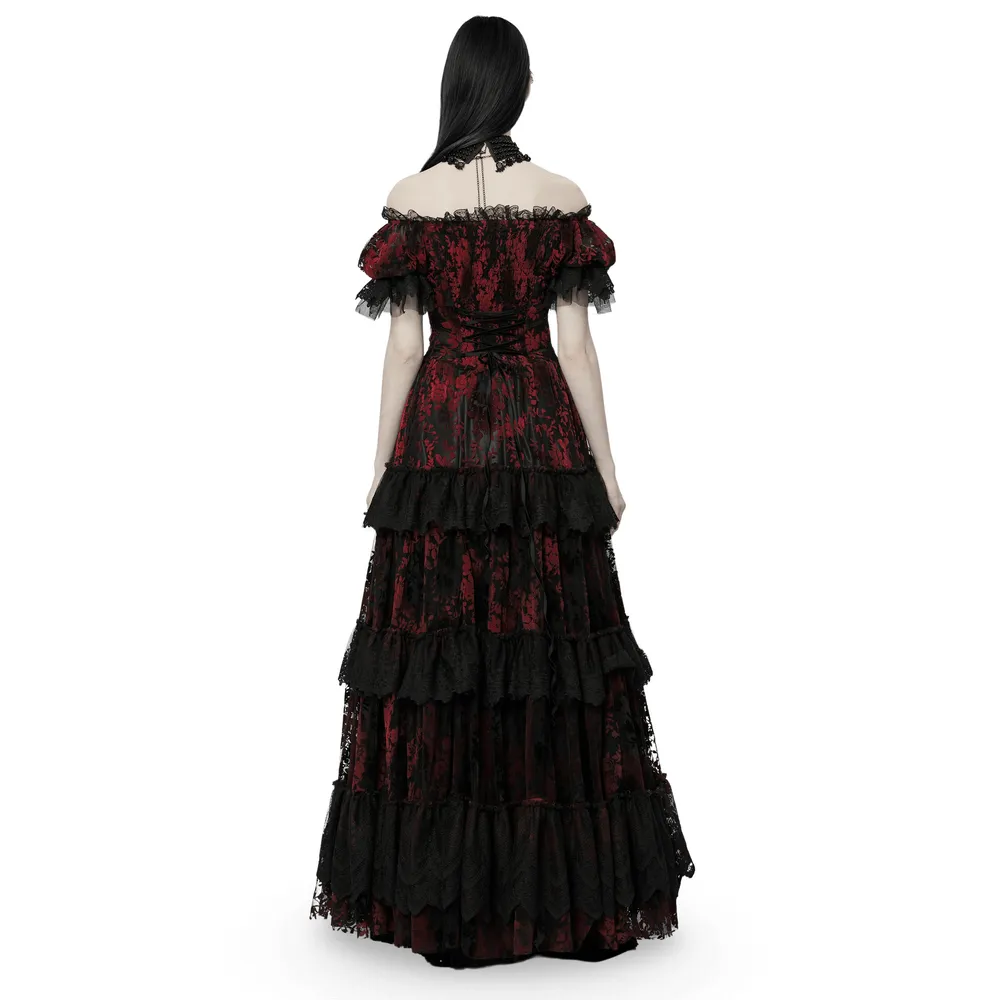 Gothic Elegance Flocking Mesh Red Print Gown With Short Sleeves