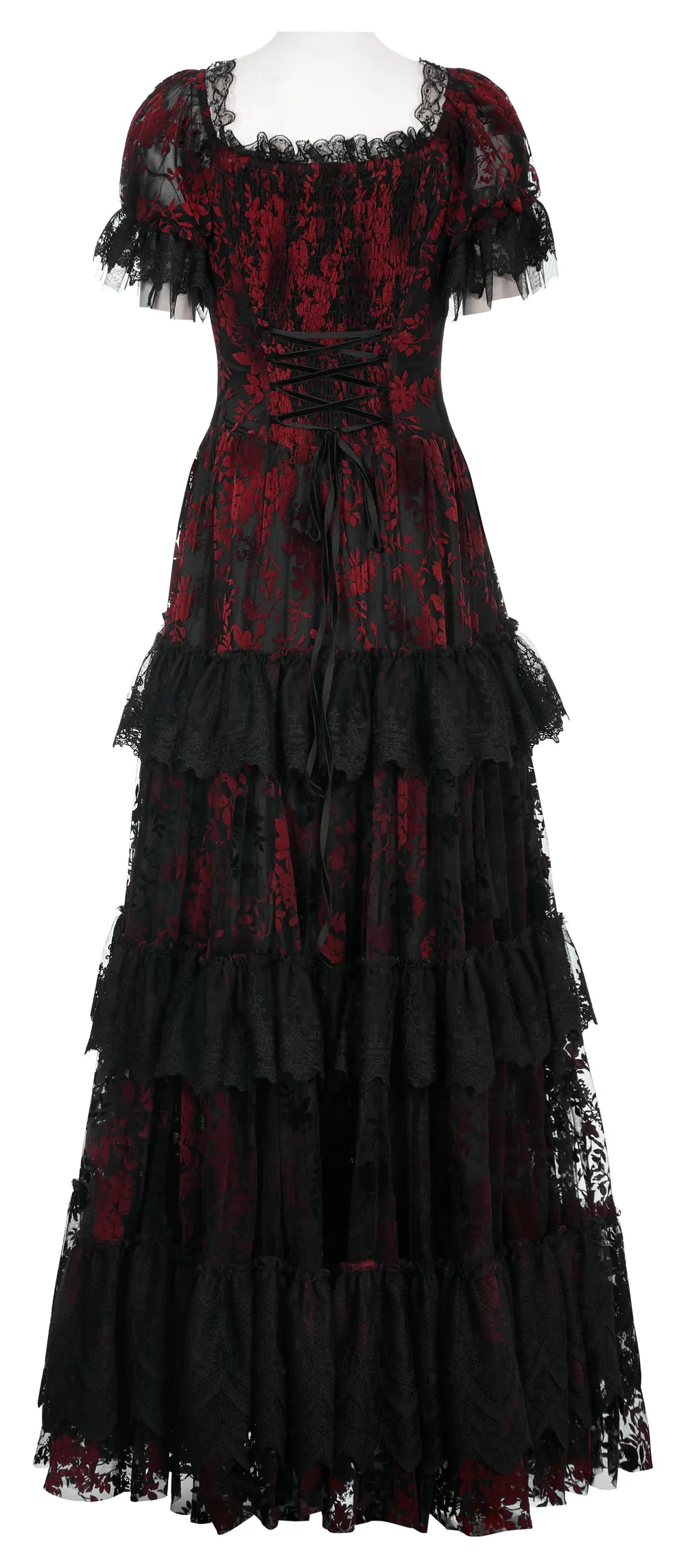 Gothic Elegance Flocking Mesh Red Print Gown With Short Sleeves