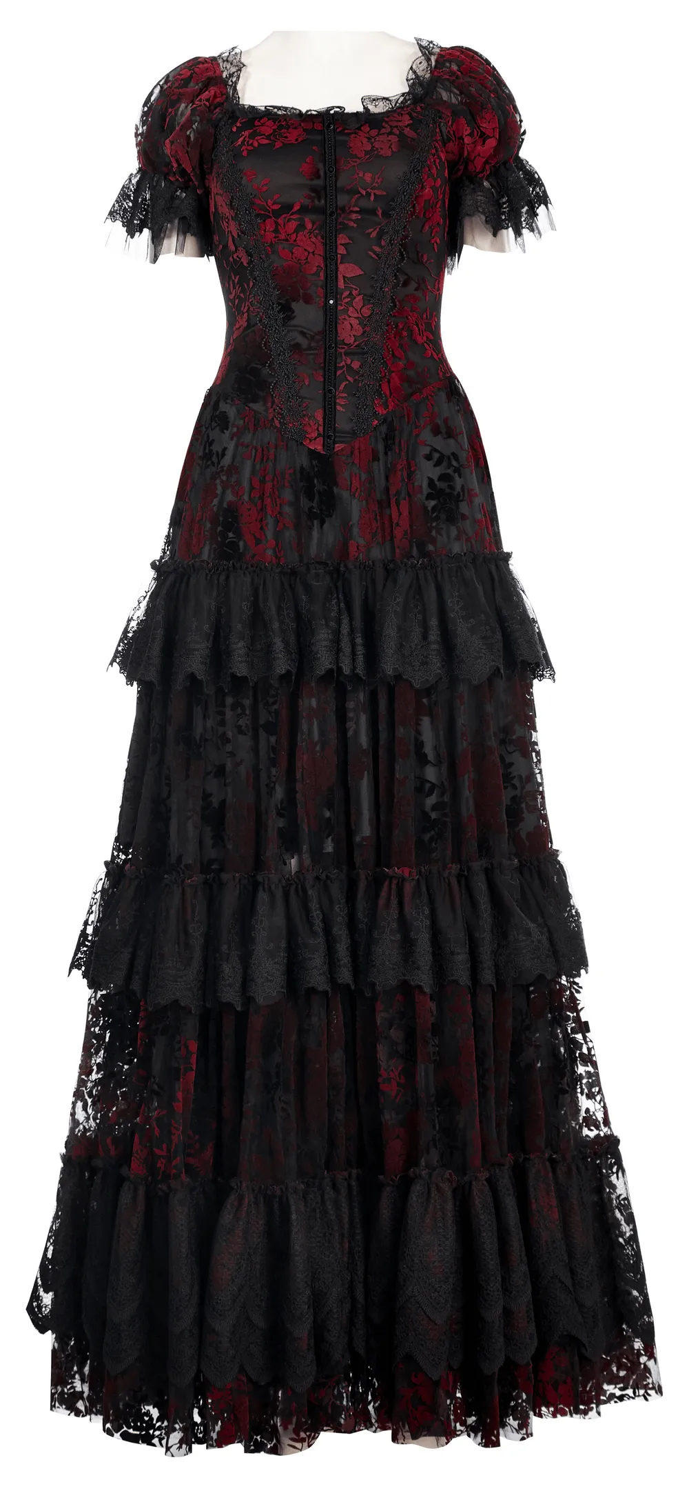 Gothic Elegance Flocking Mesh Red Print Gown With Short Sleeves