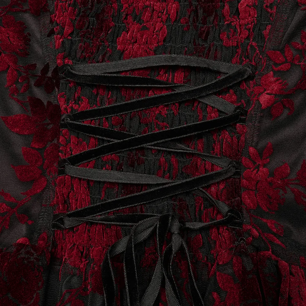 Gothic Elegance Flocking Mesh Red Print Gown With Short Sleeves