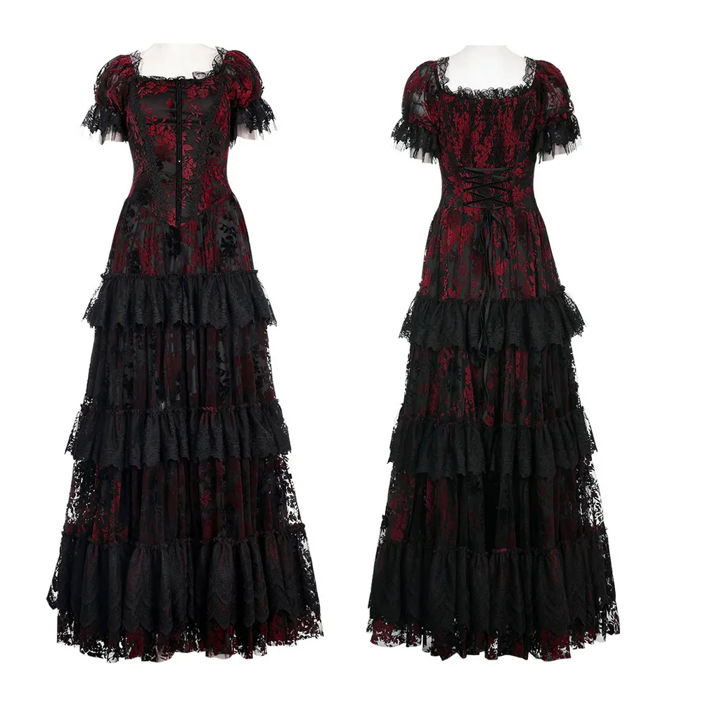 Gothic Elegance Flocking Mesh Red Print Gown With Short Sleeves