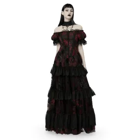 Gothic Elegance Flocking Mesh Red Print Gown With Short Sleeves