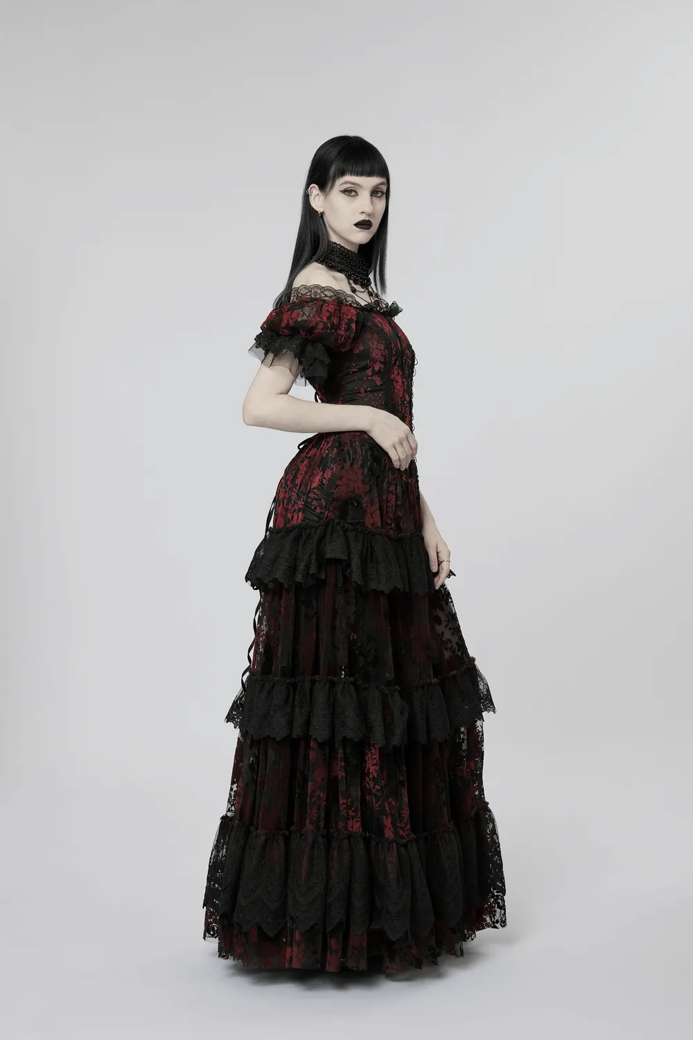 Gothic Elegance Flocking Mesh Red Print Gown With Short Sleeves