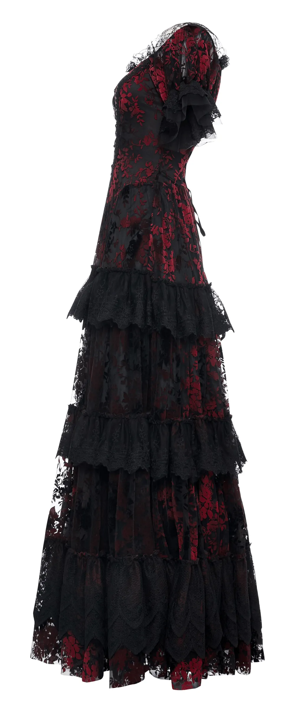 Gothic Elegance Flocking Mesh Red Print Gown With Short Sleeves