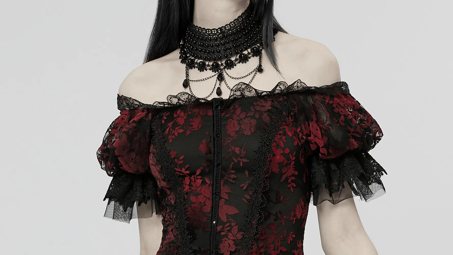 Gothic Elegance Flocking Mesh Red Print Gown With Short Sleeves