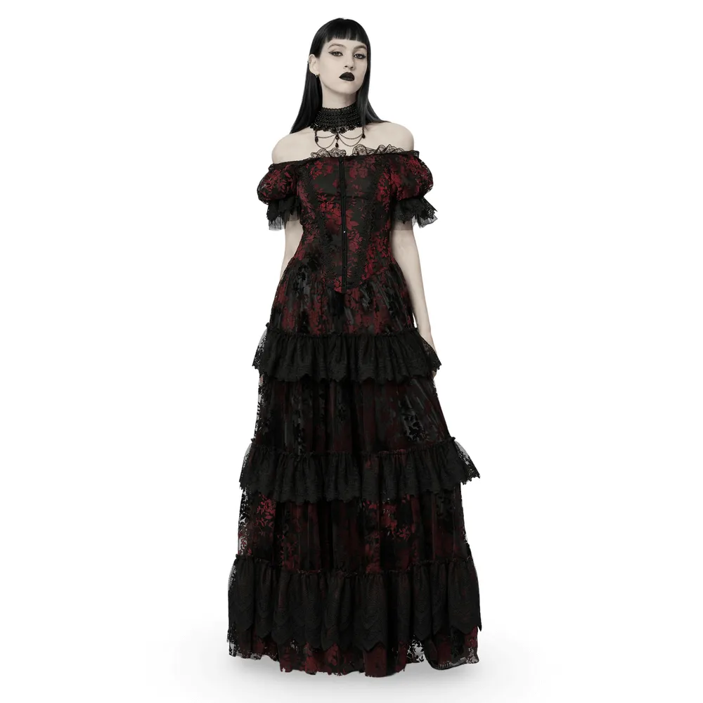 Gothic Elegance Flocking Mesh Red Print Gown With Short Sleeves