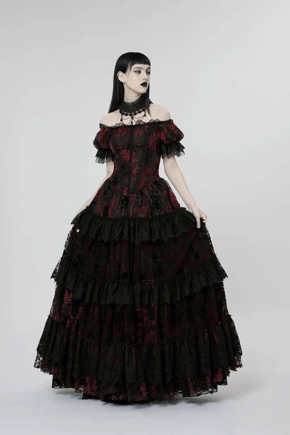 Gothic Elegance Flocking Mesh Red Print Gown With Short Sleeves