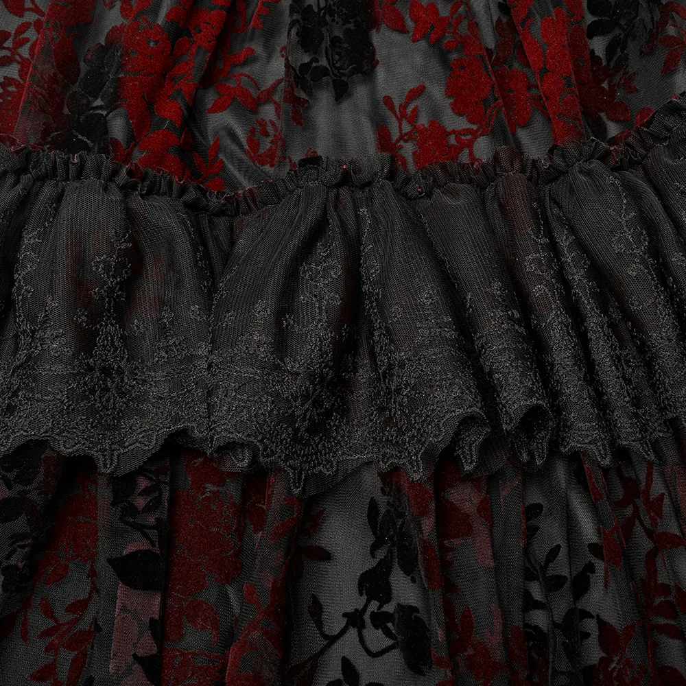 Gothic Elegance Flocking Mesh Red Print Gown With Short Sleeves