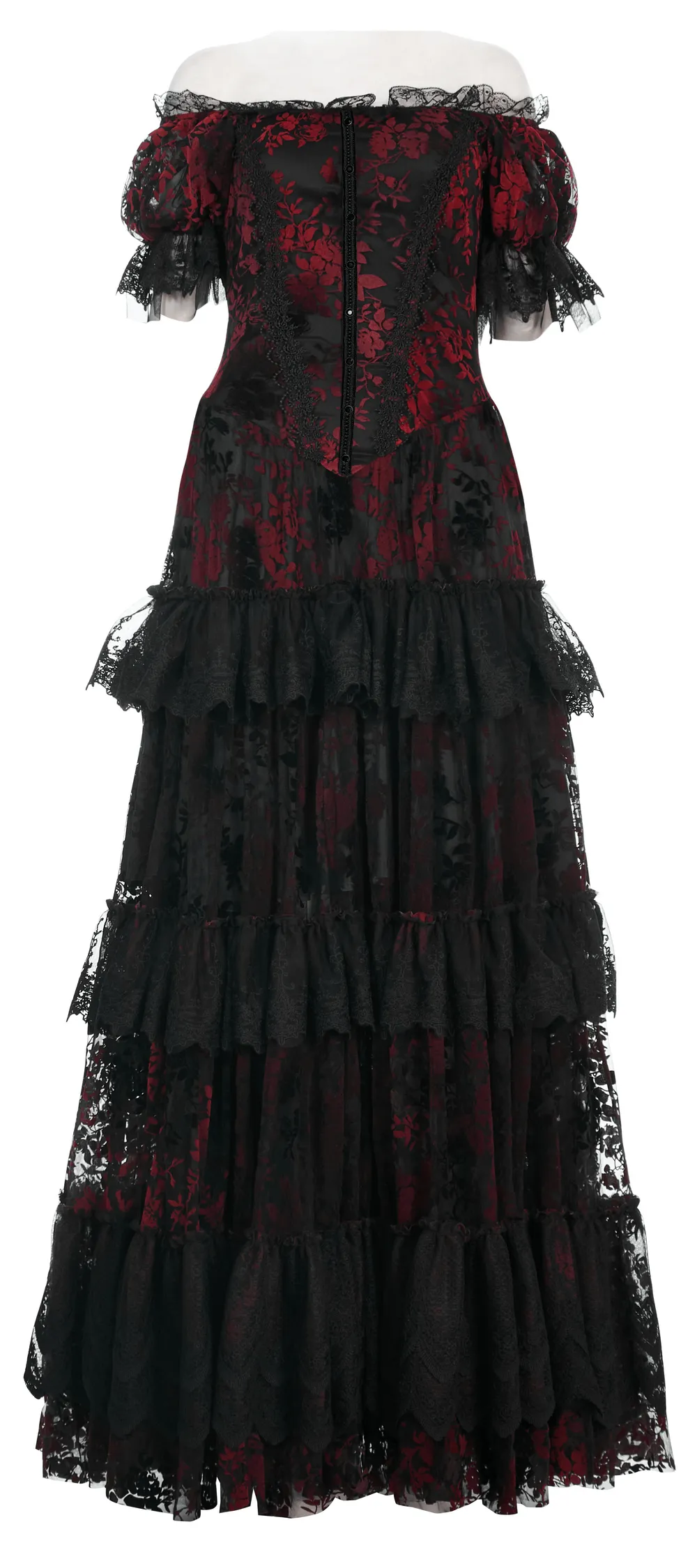 Gothic Elegance Flocking Mesh Red Print Gown With Short Sleeves