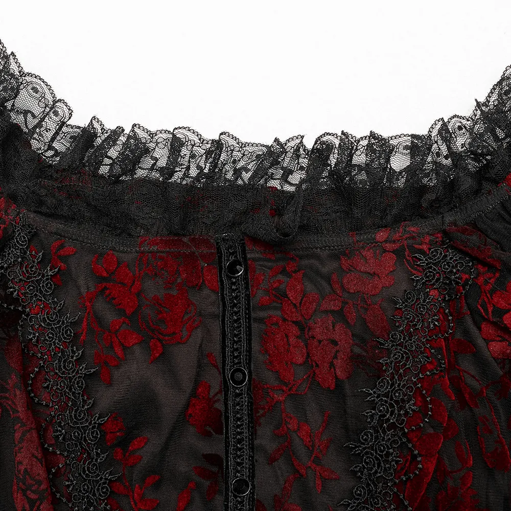 Gothic Elegance Flocking Mesh Red Print Gown With Short Sleeves