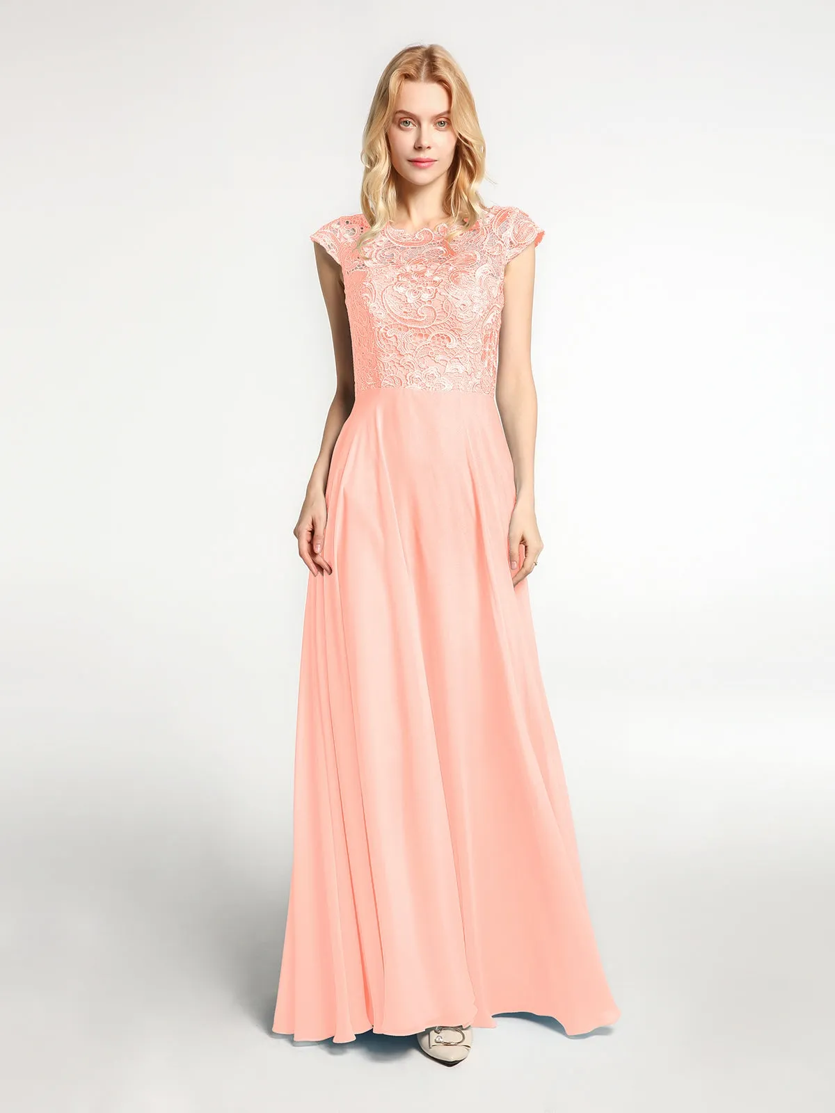 Illusion Wrap Neck Lace and Chiffon Maxi Dress-Coral Plus Size