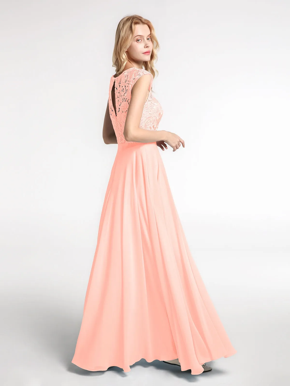 Illusion Wrap Neck Lace and Chiffon Maxi Dress-Coral Plus Size