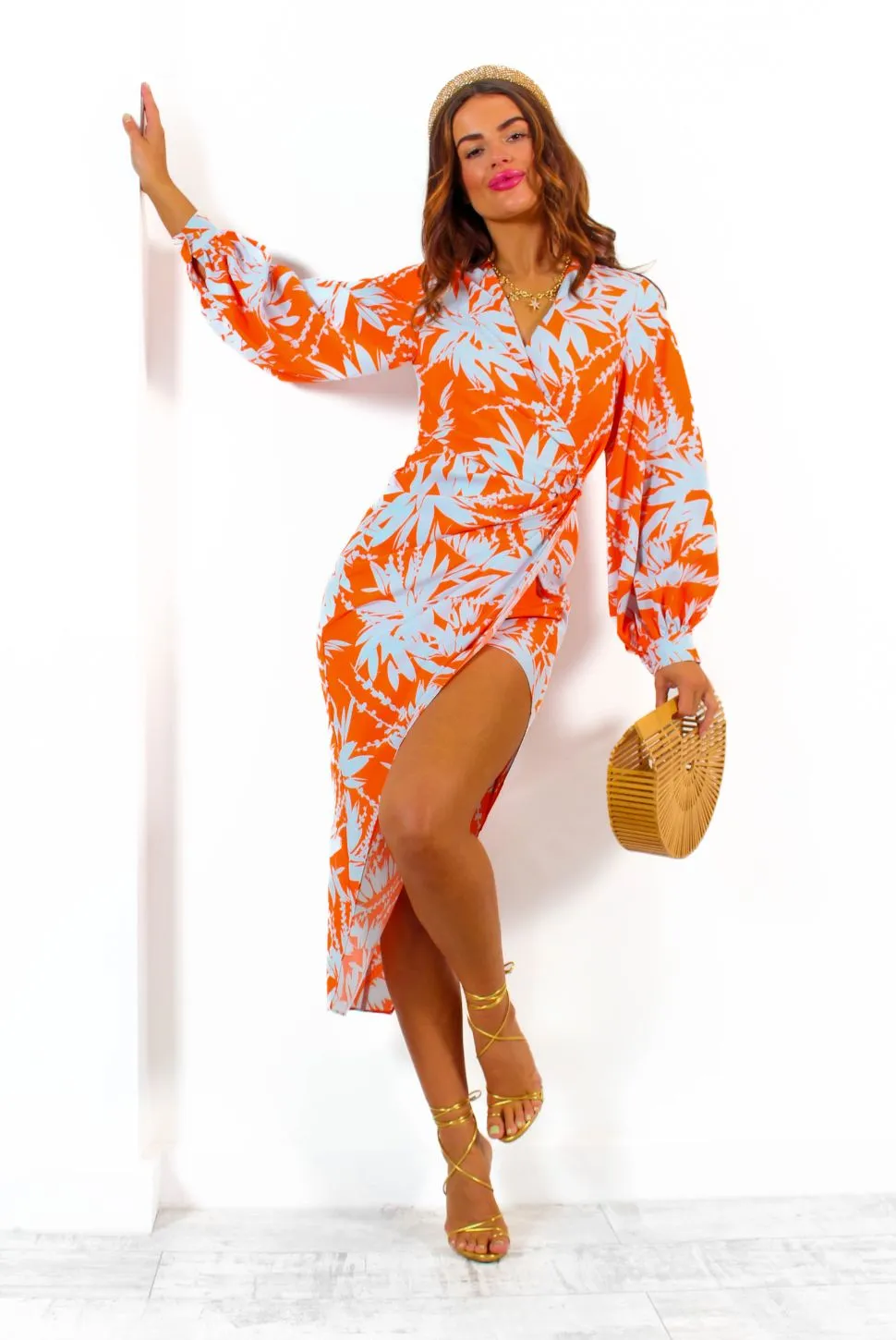 Its Not Over - Orange Pale Blue Tropical Print Gathered Midi Dress
