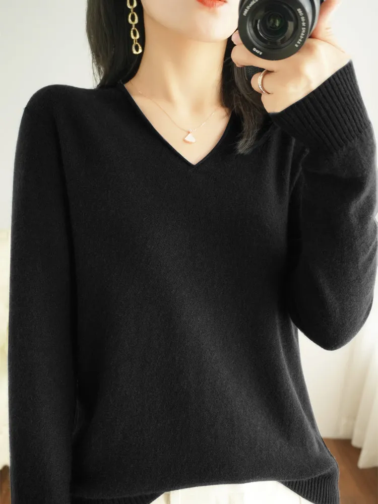 Ivyshape | Classic Wool Cashmere V-Neck Jumper for Women