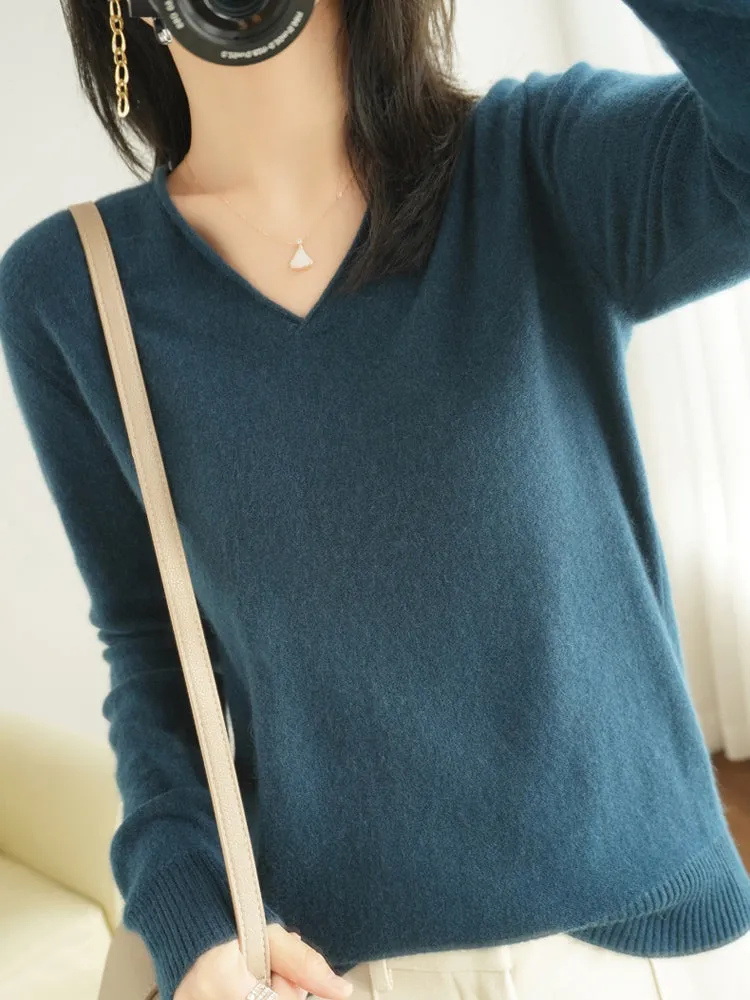 Ivyshape | Classic Wool Cashmere V-Neck Jumper for Women