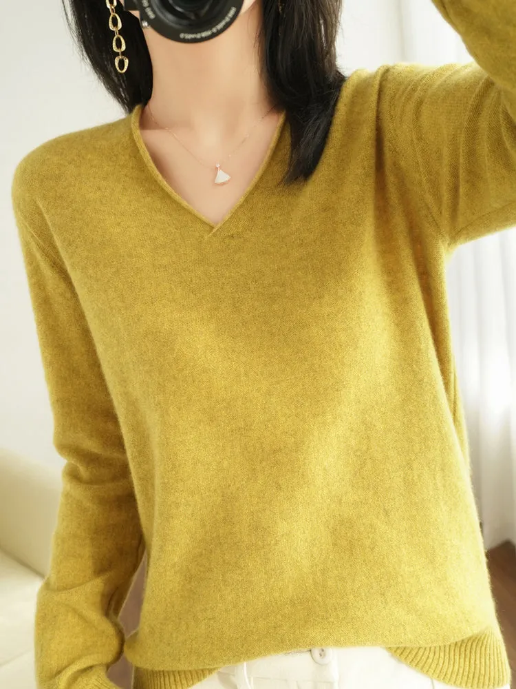 Ivyshape | Classic Wool Cashmere V-Neck Jumper for Women