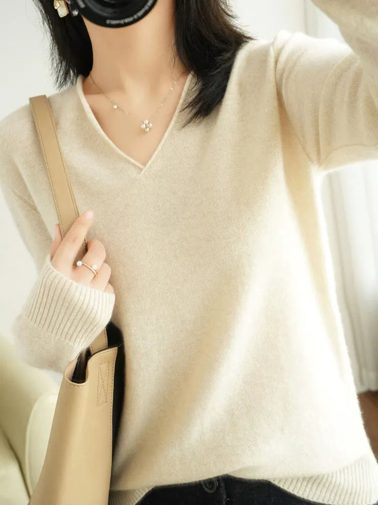 Ivyshape | Classic Wool Cashmere V-Neck Jumper for Women